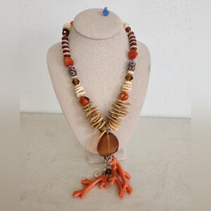 Elegant Coral and Brown Beaded Necklace By Holly Coastal Nautical Look